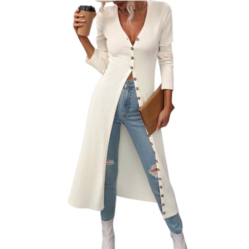 Women Slim Fit Knitted Shirt Dress Flattering Long Sleeve V-Neck Slit Hem Button Maxi Dress Cardigan4