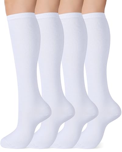 Sorfneo Knee High Socks for Women Cotton Elastic Uniform Stockings Long Dress Athletic Tall Tube Socks 4 Pairs