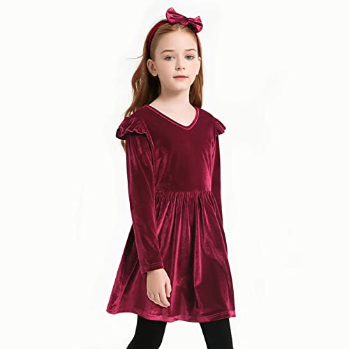 Jxstar Girls Long Sleeve Velvet Dress Fall Winter Christmas Party Dresses Matching Headband2