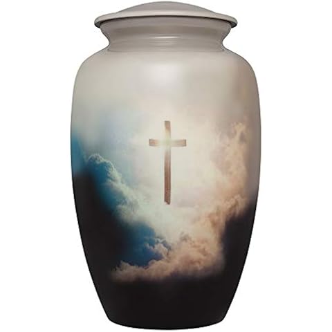 Funeral Cremation Urn - Cross in Sky Cremation Urn for Human Ashes - Hand Made in Aluminum - Suitable for Cemetery Burial or Niche - Large Size for Adults up to 200 lbs Cover