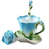 Juego de Taza y platillo de cerámica esmaltada con Forma de Rosa en 3D, Ideal para café, té y Agua, San Valentín, Boda o inauguración de la casa (2 Unidades)