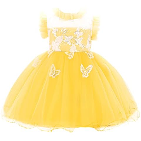 OVTRB Baby Girls Birthday Party Dress Infant Wedding Flower Girl Ruffled Pageant Dress Toddler Embroidered Butterfly Tulle Tutu Dresses Yellow Cover