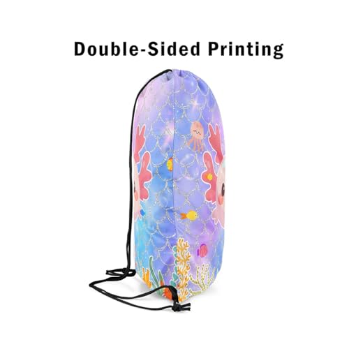 Erosebridal Cute Cartoon Axolotl String Backpack 13X15.7 Kawaii Axolotl Drawstring Bags Sparkle Mermaid Fish Scale Draw String Back Bag Shell Crab Coral Drawstring Backpack for Camping Traveling Trip4