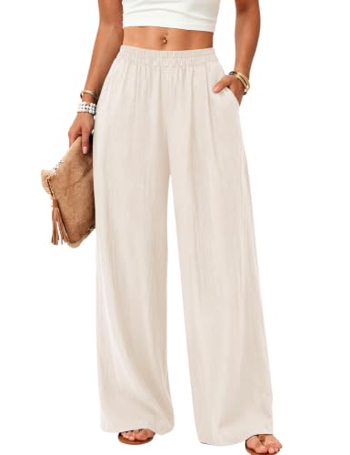 Rapbin Leinenhose Damen Sommer Sommerhose Damen Leicht Stoffhose Damen mit weitem Bein Luftige Strandhose Lässige Freizeithose Elegant Einfarbig mit Taschen