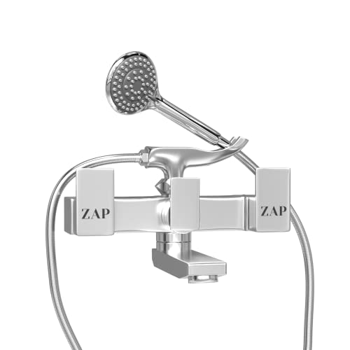 ZAP Skoda Full Brass Wall Mixer with Hand Shower | Chrome Plated Bathroom Fitting with Complete Screw Set | Durable & Stylish Bath Mixer Tap