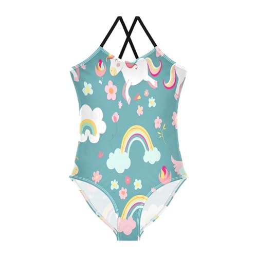 Cute Cartoon Unicorns Flowers Green Child Girl Swimsuit, Beach Swimwear, Girls Athletic Swimsuit 3-10T with Adjustable Shoulder Strap