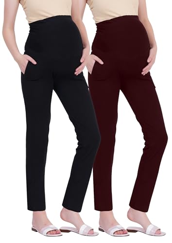 Image of Women's Maternity Leggings with Pockets - Comfortable, High Waist Support and Stretchable Pants for Pregnancy - Pack of 2