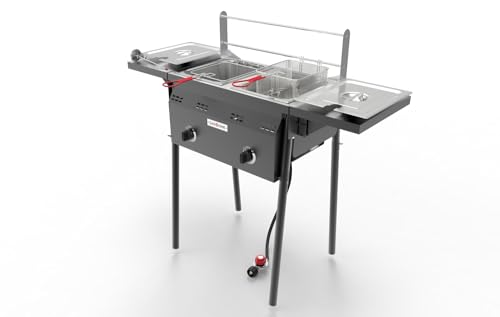 GasOne B-5850A Outdoor Propane Deep Fryer - Double Burners 16 Qt Removable Baskets & Lids Oil Fryer Cart with Thermometer & Regulator - Perfect for Outdoor Cooking