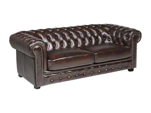 Vente-unique - Canapé Chesterfield 3 Places Brenton 100% Cuir de Buffle - Marron Reflets châtains