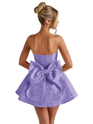Image of Basgute Floral Jacquard Satin Short Homecoming Dresses for Teens A Line Strapless Formal Prom Evening Gown with Bow