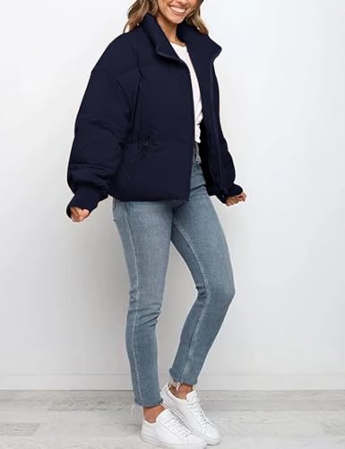 Gihuo Damen Winter Cropped Puffer Jacke Mantel Kurz Warm Steppjacke, Marineblau, S