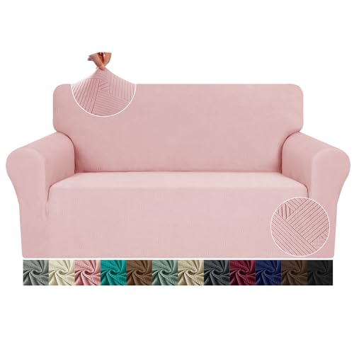 JIVINER Loveseat Slipcovers, 1 Piece Stretch Couch Covers for 2 Cushion Furniture Protector with Elastic Bottom for Kids Pets Jacquard 2 Seater Sofa Cover (Loveseat, Dusty Pink)