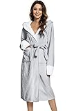 CMTOP Bademantel mit Kapuze Damen Kuschelfleece Bademantel Baumwolle Morgenmantel Herren Saunamantel Dusche Nachthemd Flanell Frau Weiche und Bequeme Bademantel Hausanzug Damen Kapuze mit Gürtel