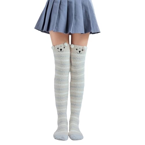 Image of Thigh High Fuzzy Socks Cute Animal Coral Fleece Over the Knee Thigh High Long Stockings Warm Stripe