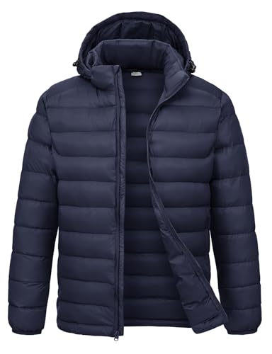 BGOWATU Men's Lightweight Water-Resistant Hooded Puffer Jacket Insulated Winter Coat with Detachable Hood for Snow Ski