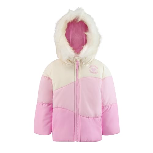 Image of LONDON FOG Girls' Two-Piece Winter Snowsuit Skibib and Fleece Lined Puffer Jacket, Pink Colorblock, 3T