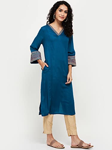 Image of Max Women Rayon Straight Fit Embroidered V-Neck Straight Kurta