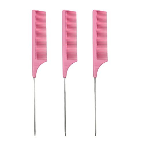 3 Pcs Hair Comb Anti-Static Tail Comb Carbon Fibre Metal Comb Pin Tail Comb Heat Resistant and Salon Rattail Parting Comb Pink Fine Tooth Rat Tail Hair Comb Brush for Women