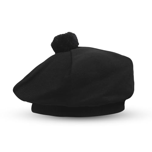 EZE Scottish Hat for Men Tam o' Shanter Flat Bonnet Kilt Hat Acrylic Wool Traditional Cap in Various Tartans (US, Alpha, One Size, Black Plain)