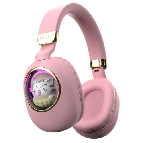 Audífonos con cable para niñas y niños, con cancelación de ruido, color rosa, inalámbricos, para la escuela, con luz sobre la oreja, plegables, para gatos, con micrófono, para iPad, Kindle, tableta,