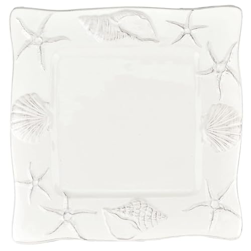 Blue Sky Clayworks Laguna Coastal Plate, Ceramic, 9-Inch Square, White, Shell & Starfish Relief Charm