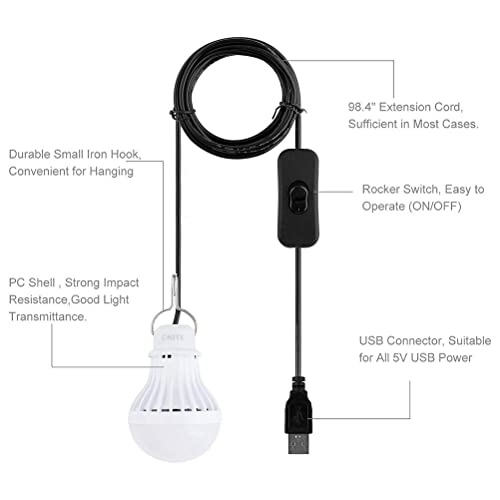2pcs Portable Camping Lights 5W USB Children Bed Lamp with Metal Wire Hook, Dimmer Switch, Warm White, 35000 Hours - Image 3