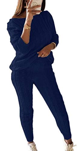 Molisry Women Cable Knitted 2 Pieces Outfits Long Sleeve Crop Top Long Pants Sweater Suits Sets