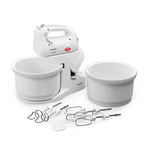 SMAPP 451.6 Küchenmaschine mit ZWEI 3,3L Rührschüssel - 580W Motor - Weiß, inklusive Misch- und Schneebesenaufsätzen und Blendernasensatz, 5 Geschwindigkeiten, Küchenmaschinen für Brotteig