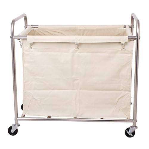 GBPLDMAQ Carro Limpieza Profesional Hechas de Acero Inoxidable Engrosado, Cesta para la Colada con Bolsa de Tela Oxford Extraíble, para Negocios, Escuela y Oficina(Beige)