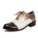 Femmes Bout Rond Cuir PU Chaussures Oxford & Derby Talon Bas Vintage Brogues Lacer Chaussures De Robe,d'or,42 EU