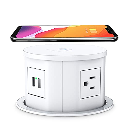 ANNQUAN Automatic Pop Up Countertop Outlet with 15W Wireless Charger,4 Outlets,2 USB Ports,4.75' Pop Up Electrical Outlet,Home Office Power Supply,Suit Kitchen Island RV Office Conference Table