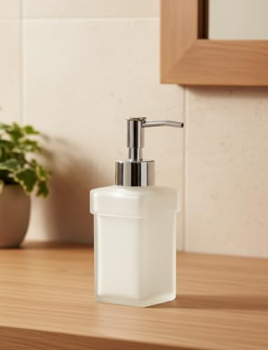 Image of Luxury Frosted Glass Soap Dispenser with Chrome Pump | Square Modern Design | Refillable Hand Lotion & Liquid Soap for Bathroom & Kitchen Countertop