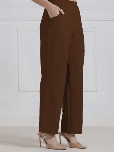 Image of Selvia Beige Lycra Textured Co-ord Set for Women, Button Front Waist Top and Trouser Pant