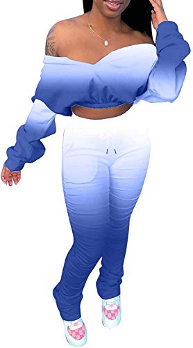 Women Stacked Leggings Sets - 2 Piece Outfits V Neck Long Sleeve Off Shoulder Tops + Stack Pants Tracksuit,Ptint White,Small
