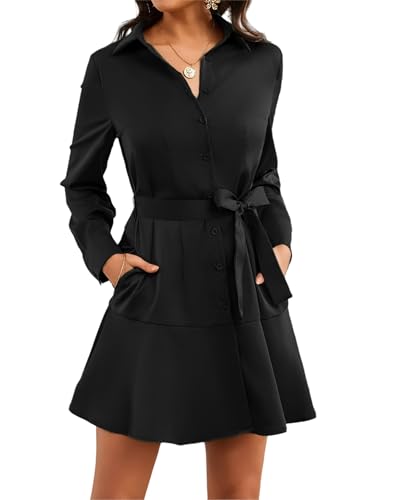 Women's Long Sleeve Collar Button Up Shirt Dress with Belt for Work