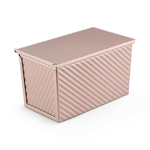 Image of LIANYU Pullman Loaf Pan with Lid, 1 LB Dough Capacity Nonstick Bread Baking Loaf Pan, Carbon Steel Corrugated Bread Toast Box Tin for Homemade Sandwich, Rose Gold