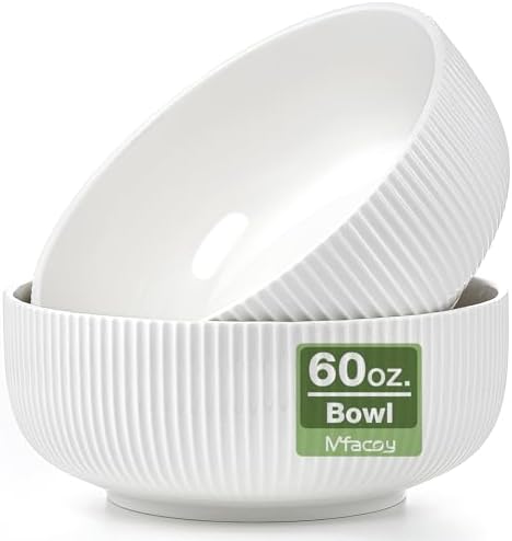 Mfacoy 2 Pack Salad Bowl, 8 inch 60 oz Large Serving Bowl Set, Deep Bowl for Kitchen, White Ceramic Bowl Set for Soup, Cereal, Ramen, Pasta, Salad, Dishwasher & Microwave Safe, Easy Clean