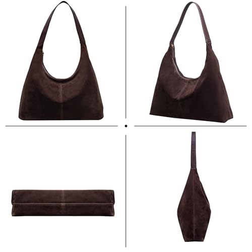 Image of Larcenciel Brown Suede Leather Hobo Shoulder Bag, Trendy Slouchy Tote Handbag Crescent Purse for Women Everyday Work Casual