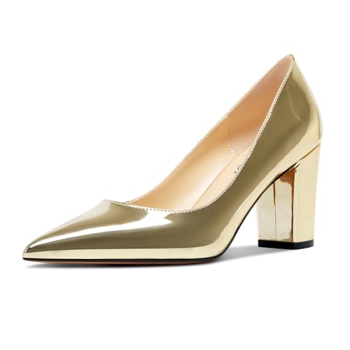Image of Aachcol Women Pumps Pointed Toe Slip on Mid Heel Dress Office Chunky Block Heels Shoes 3 Inches