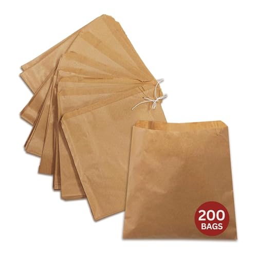 200 x Strung Kraft Paper Bags (10 x 10 inch) Brown Paper Bags for Food Lunch Gifts Groceries Sandwiches & Takeaway | Greaseproof & Eco-Friendly Fruit Bag | Recyclable Large Brown Bag