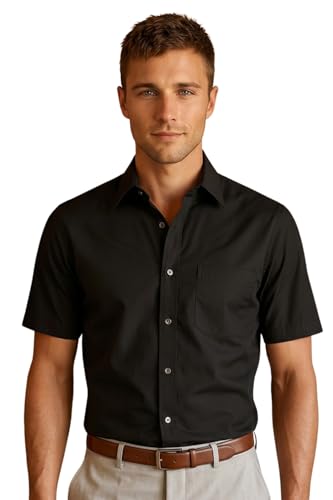 Image of Louis Philippe Men's Regular Fit Easy to Iron Everyday wear Premium Cotton Half Sleeve Solid Formal Shirt