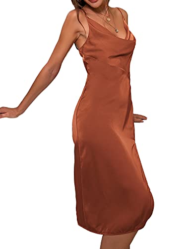 LYANER Women's Satin Drape Cowl Neck Sleeveless Strappy Cami Split Slit Party Midi Dress Rust Brown Large - Image 6