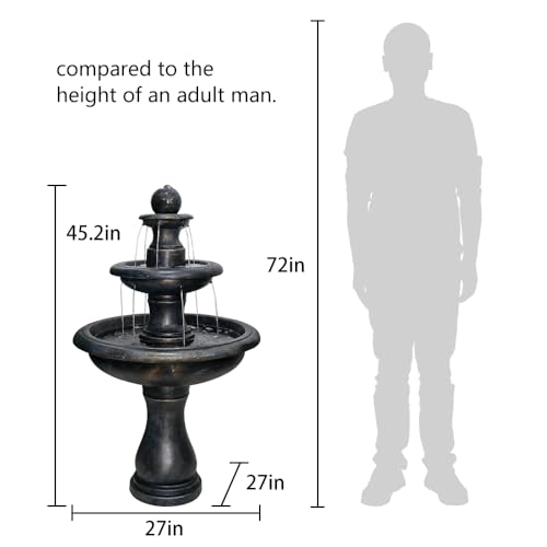 Image of SunJet 45.2 inch High 3-Tiers Modern Concrete Outdoor Water Fountain - Round Large Outdoor Fountains and Waterfalls for Garden, Patio, Yard, and Deck Decor, Featuring Natural Stone Look (Black, 45.2inch)