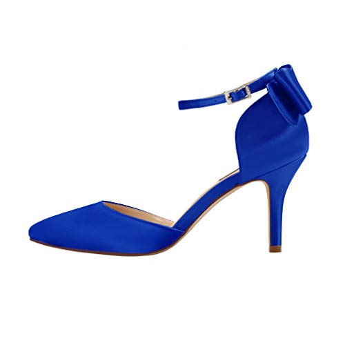Image of ERIJUNOR Wedding Evening Party Shoes Comfortable Mid Heels Pumps with Bow Knot Ankle Strap Wide Width Satin Shoes