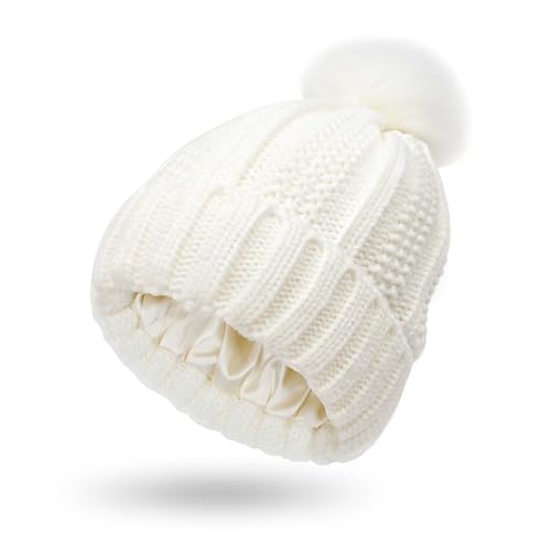 Invierno Cálido Sombrero de Punto para Mujer con Forro Satén y Piel Sintética Pom Pom de la Bola Gorra Cálido Grueso Tejida Gorro