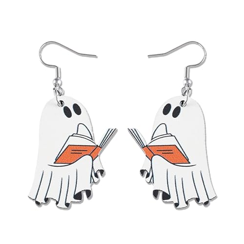 Halloween Ghost Earrings Wooden Cute Smile Spirit Pumpkin Bowknot Book Lightweight Sparkly Stud Earrings for Women Cosplay Costumes Jewelry