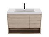 Vente-unique-Mueble de baño suspendido con Lavabo Simple Color Natural Claro con Grifo - 90 cm - PUJUKA