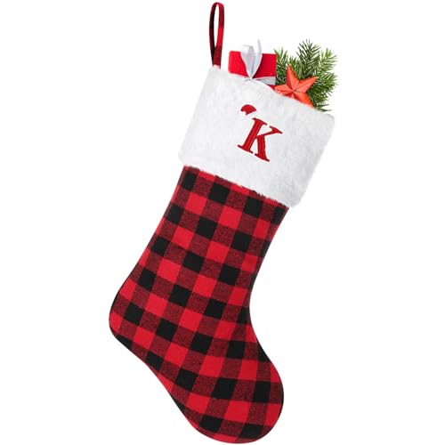 20 inches Large Initial Monogram Christmas Stocking Red Black Buffalo Plaid Personalized Christmas Stockings with Embroidered Letters Initial Christmas Stockings for Xmas Holiday Fireplace Decor (K)