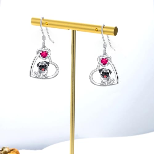 Pug Earrings with Heart Birthstone 925 Sterling Silver Dog Earrings Pug Jewelry Gifts for Women Lover3