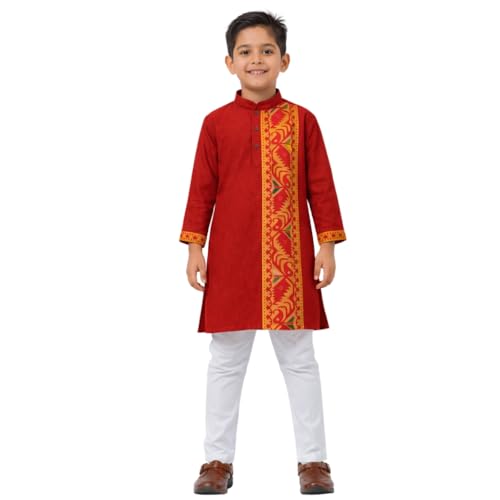 Image of Kurta Pajama for Kids Boys - Jamdani Border Kurta and Elastic Waist Pyjama Set